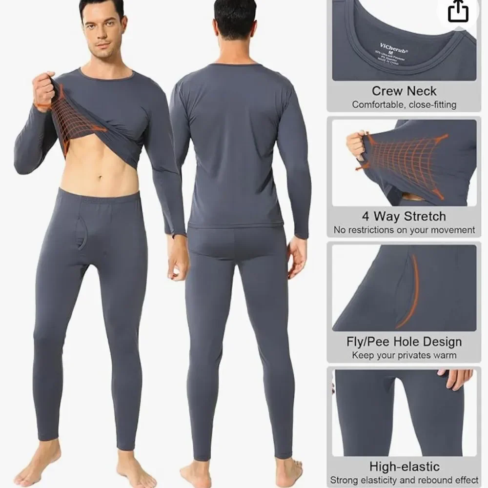 ViCherub Men Thermal Underwear Fleece Lined Thermals Top & Bottom 2Pk New W/ Tag